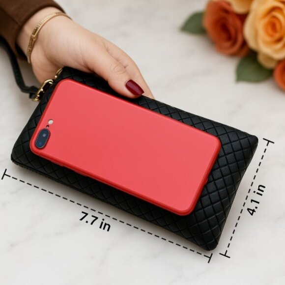 Elegant Women's Diamond Pattern Clutch Wristlet Wallet Black Vegan Leather - Picture 4 of 6